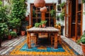 An airy and trendy dining room, bohemian-inspired with a mix of vintage and modern furniture, an eclectic collection of hanging