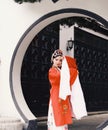 Aisa Chinese woman Peking Beijing Opera Costumes Pavilion garden China traditional role drama play bride dance perform fan ancient Royalty Free Stock Photo