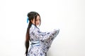 Aisan Chinese woman in traditional Blue and white Hanfu dress