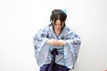 Aisan Chinese woman in traditional Blue and white Hanfu dress