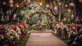 Aisle to the altar view of outdoor simple rustic wedding venue for a wedding ceremony with full of wood and flower decoration,