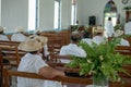 Aitutaki Cook Islands View through open island Christian church congregation in white