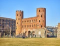 Aiuola Secondo Pia Park and Porta Palatina Gate. Piazza Cesare Augusto square. Turin, Piedmont, Italy