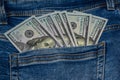100 dollar bills in the pocket of blue jeans, studio shooting