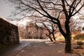 Aizu Wakamatsu Tsuruga Castle high stone wall under big trees. Fukushima - Japan
