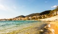 Ajaccio old city center coastal cityscape with palm trees and typical old houses, Corsica, France, Mediterranean Sea Royalty Free Stock Photo