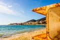 Ajaccio old city center coastal cityscape with palm trees and typical old houses, Corsica, France, Mediterranean Sea Royalty Free Stock Photo