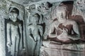 AJANTA, INDIA - FEBRUARY 6, 2017: Buddha images in a monastery (vihara) carved into a cliff in Ajanta, Maharasthra state, Ind