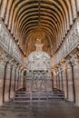 AJANTA, INDIA - FEBRUARY 6, 2017: Chaitya (prayer hall), cave 26, carved into a cliff in Ajanta, Maharasthra state, Ind Royalty Free Stock Photo