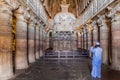 AJANTA, INDIA - FEBRUARY 6, 2017: Chaitya prayer hall , cave 26, carved into a cliff in Ajanta, Maharasthra state, Ind Royalty Free Stock Photo