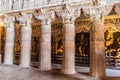 AJANTA, INDIA - FEBRUARY 6, 2017: Columns in the chaitya (prayer hall), cave 26, carved into a cliff in Ajanta, Maharasthra state