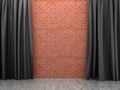 Ajar black curtain on a brick wall.