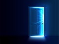 Ajar door with light and rays coming out of the gap. Royalty Free Stock Photo