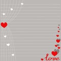 Ajar curtain with red hearts and text love for Valentine`s day, romantic postcard. love stickers Royalty Free Stock Photo