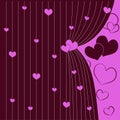 Ajar red curtain with pink hearts for Valentine`s day, romantic postcard