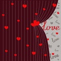 Ajar red curtain with red hearts and text love for Valentine`s day, romantic postcard Royalty Free Stock Photo