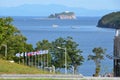 The Ajax Bay on Russkiy island, the territory of the far Eastern Federal University FEFU, Vladivostok. Flags of countries - part