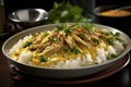 Aji de gallina, a traditional Peruvian dish featuring tender shredded chicken in a creamy and spicy golden sauce