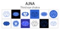 Ajna icon set. The sixth frontal chakra. Third eye. Vector indigo blue gloss and shine. One line symbol collection. Outline sacral Royalty Free Stock Photo