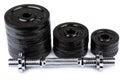 Ajustable dumbbell and stack of disks isolated on white