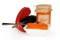 Ajvar - delicious dish of red and green peppers, onions, garlic, eggplant. Ajvar in jar.