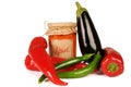 Ajvar - delicious dish of red and green peppers, onions, garlic, eggplant. Ajvar in jar.