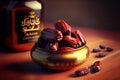 Ajwa dates in the jar on the wooden table, Generative Ai Royalty Free Stock Photo
