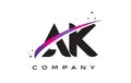 AK A K Black Letter Logo Design with Purple Magenta Swoosh