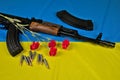 Ak-47 rifle, magazines, ammunition and red flower lying on a Ukrainian flag