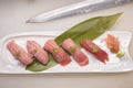Akami Chutoro Otoro . Various type of blufin tuna sushi in japanese restaurant, before serving with japan knife Royalty Free Stock Photo
