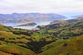 Akaroa Harbor lake and hills in New Zealand Royalty Free Stock Photo