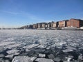 Aker Brygge in Oslo and ice floes in the Oslofjord, Norway Royalty Free Stock Photo