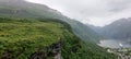 the Akerneset mountain and Geirangerfjord fjord on a cloudy day in More og Romsdal, Norway