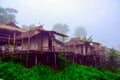 Akha homestays located on a hillside covered with fog at Doi Sa Ngo , Chiang Rai , Thailand