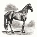 Akhal-Teke horse, engraving style, close-up portrait, black and white drawing, beautiful animal, Royalty Free Stock Photo