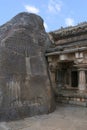 Akhanda Bagilu, Vindhyagiri Hill, Shravanbelgola, Karnataka. A huge rock with several carvings of Jain saints with their followers Royalty Free Stock Photo