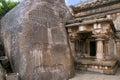 Akhanda Bagilu, Vindhyagiri Hill, Shravanbelgola, Karnataka. A huge rock with several carvings of Jain saints with their followers Royalty Free Stock Photo