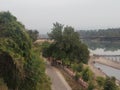 aerial view of the Chenab river and the old bridge in Akhnoor