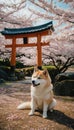 Akita Inu dog in the serene Japanese garden with cherry blossom trees