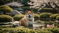 Akita Inu dog in the serene Japanese garden with cherry blossom trees and a small pond