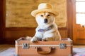 Akita inu dog in a suitcase. Travel concept with pets. Generative AI