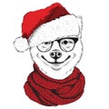 Akita inu in Santa Claus hat runs New Year`s background. Vector illustration