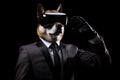 Akita In Suit And Virtual Reality On Black Background