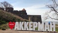 `AKKERMAN` sign, old Akkerman Fortress and Dniester Estuary in the background, Bilhorod - Dnistrovskyi, Ukraine Royalty Free Stock Photo