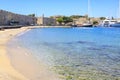 Akti sachtouri sand beach in old town Rhodes with city walls in Rhodes Royalty Free Stock Photo