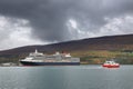 AKUREYRI, ICELAND, 27 OCTOBER 2019: Cruise ship in the harbour of Akureyri in Eyjafjordur, Iceland, Europe