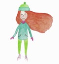 watercolor illustration with redhead girl on figure skates