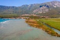 Akyaka, Mugla Province, Turkey - 06 2 2021: Akyaka Mugla Province, Ula Turkey kite surfing destination aerial view over the