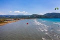 Akyaka, Mugla Province, Turkey - 06 2 2021: Akyaka Mugla Province, Ula Turkey kite surfing destination aerial view over the