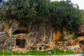 AKYAKA, MUGLA, TURKEY: Ancient Lycian tombs carved into the rock in the village of Akyaka.